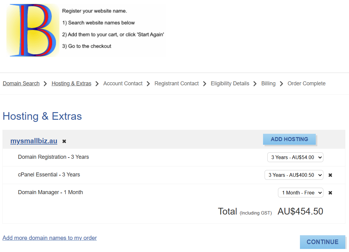 Sample shopping trolley purchasing 3-year great value domain and web hosting.